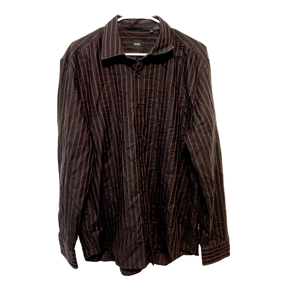 HUGO BOSS Button Up Mens Size XXL Brown Striped Collared Long Sleeve Cotton - Picture 1 of 3